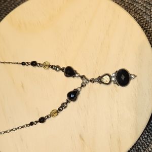 2028 Vintage Syle Stunning Drop Smoke Grey Quartz and Black Onyx Necklace 16in